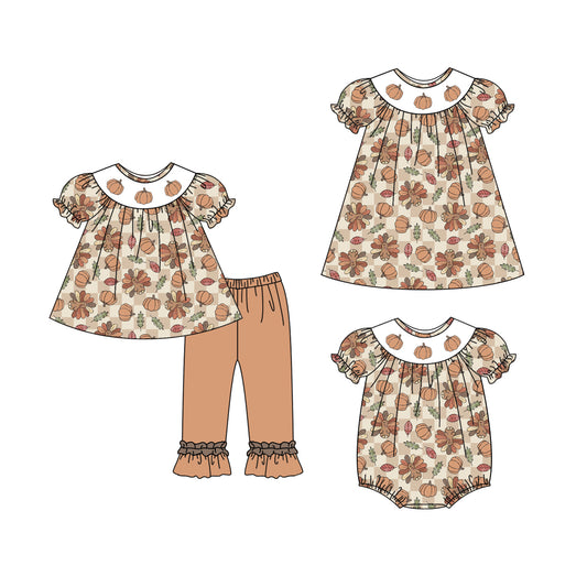 25.5.10 custom each style moq 5eta 4-6week Sibling Sisters pumpkin turkey baby girl short sleeve pants sets and dress and rompers match family design