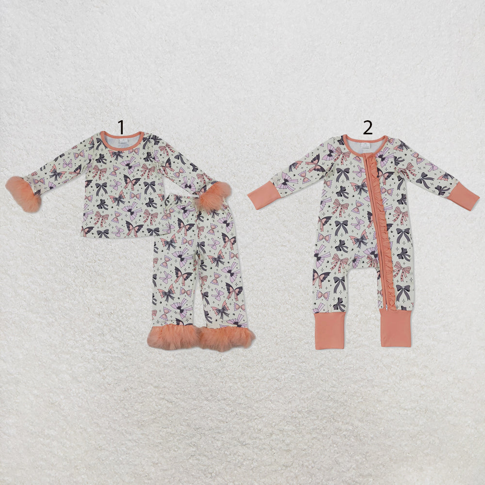 RTS NO MOQ Sibling milk silk Baby Girls Bow Spider Print Fur Sleeve Top Matching Pants Halloween Set Ruffle Zip Convertible Romper