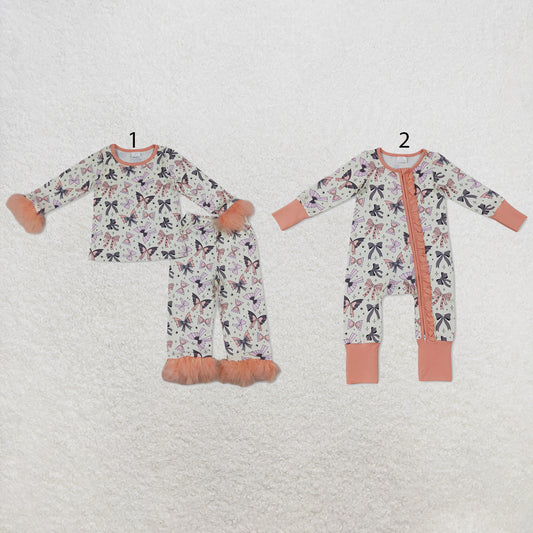 RTS NO MOQ Sibling milk silk Baby Girls Bow Spider Print Fur Sleeve Top Matching Pants Halloween Set Ruffle Zip Convertible Romper