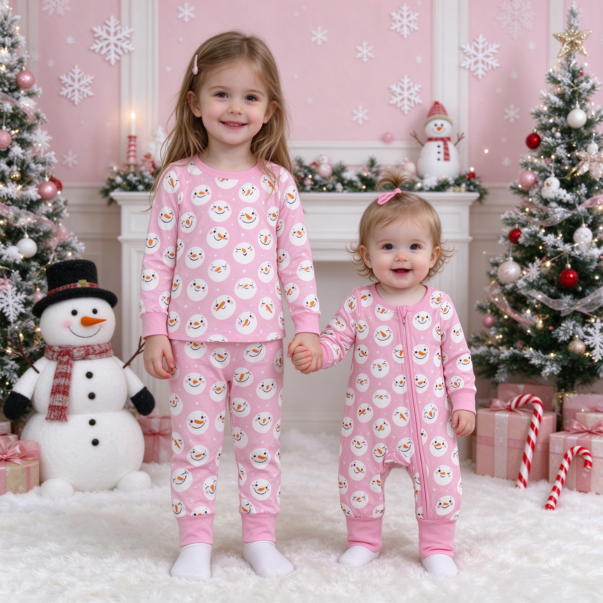Baby Girls Pink Snowmen Collection - Top Pants Set & Zipper Romper
