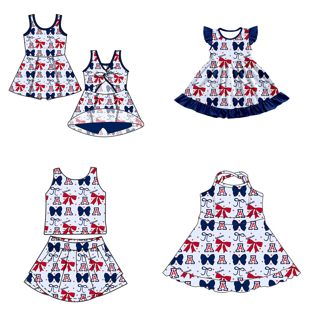 Custom moq 5 mix size milk silk summer teams baby girls clothes team bow blue sleeveless skirts sets and dress 1 and dress 2 and dress 3-25.6.24