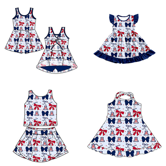 Custom moq 5 mix size milk silk summer teams baby girls clothes team bow blue sleeveless skirts sets and dress 1 and dress 2 and dress 3-25.6.24
