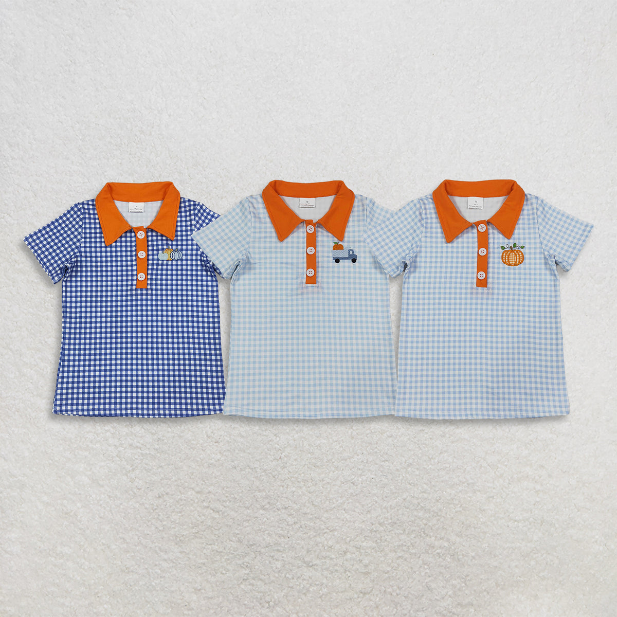 RTS NO MOQ Sibling milk silk Polos For Kids Boys Embroidery Pumpkin Print Plaid Button Short Sleeve Casual Top