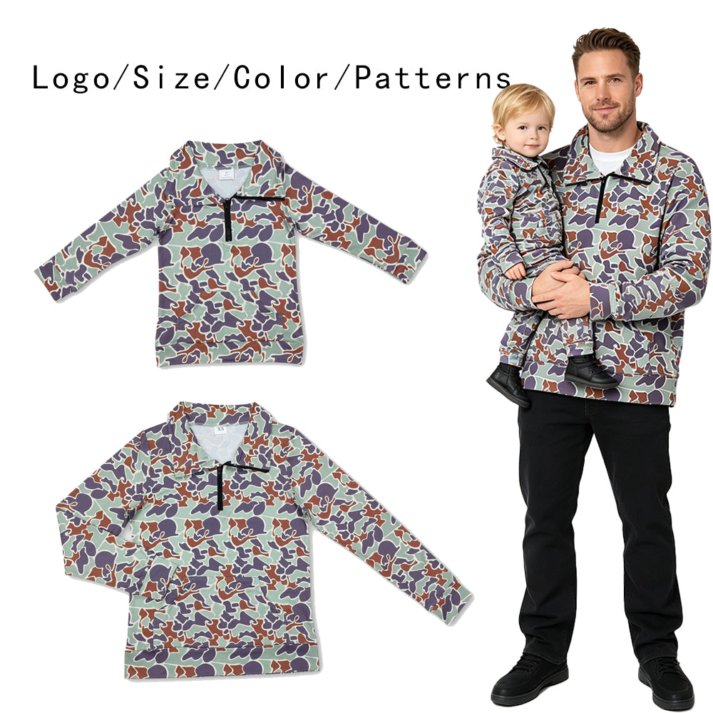 RTS NO MOQ Sibling milk silk Adult To Match Kids Green Camo Quarter Zip Long Sleeve Pullover