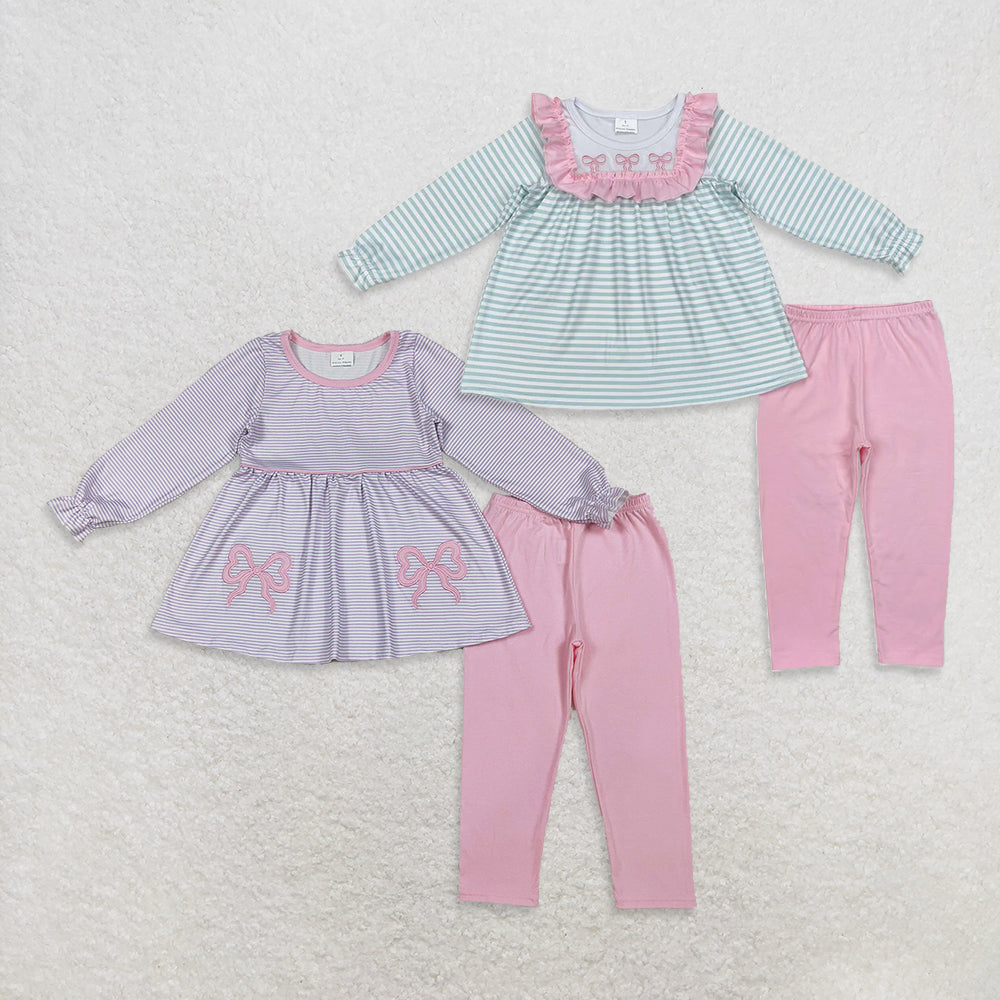 RTS NO MOQ Sibling Baby girls clothes embroidery bow long-sleeved trousers suits