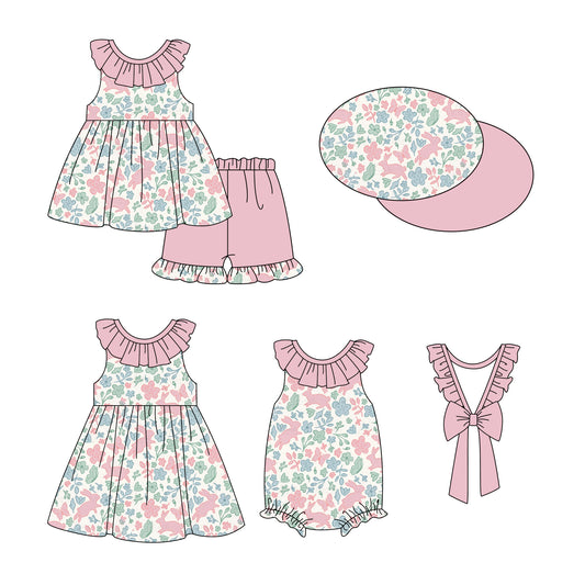 12.26 custom each style moq 5eta 4-6week Sibling Sister easter floral aby girl short sleeve shorts sets and dress and rompers match family design