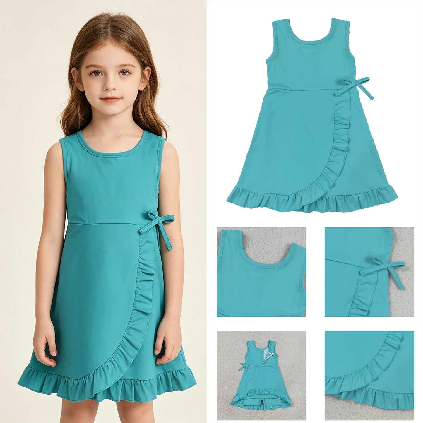 RTS No moq yoga fabric cotton GSD3768 Baby Girls Blue Sleeveless Yoga Active Shorts Ruffle Knee Length Dresses