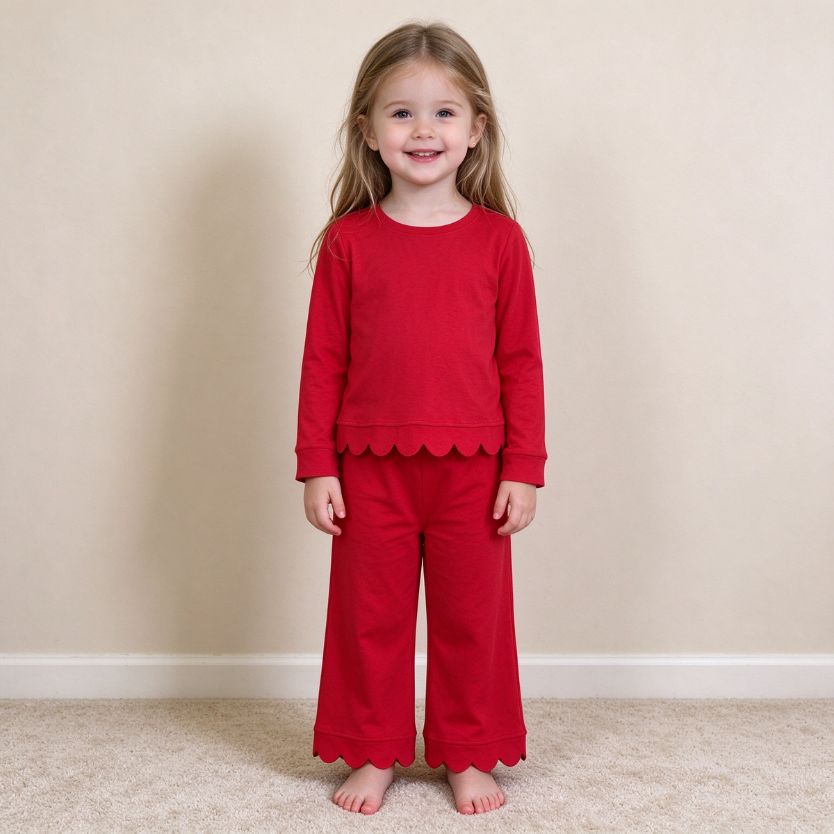 NEW RTS NO MOQ cotton GLP2964 Baby Girls Red Scallop Trim Long Sleeve Top And Pants Set
