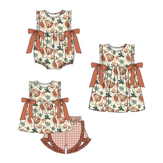 3.29 custom each style moq 5eta 4-6week Sibling Sisters boot hat bow catcus baby girl short sleeve shorts sets and dress and rompers match family design