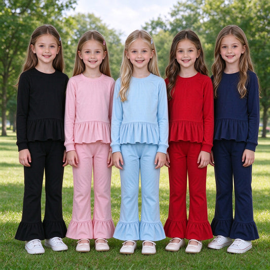 RTS NO MOQ Sibling cotton Baby Girls Solid Color Long Sleeve Ruffle Top And Flare Pant Matching Set