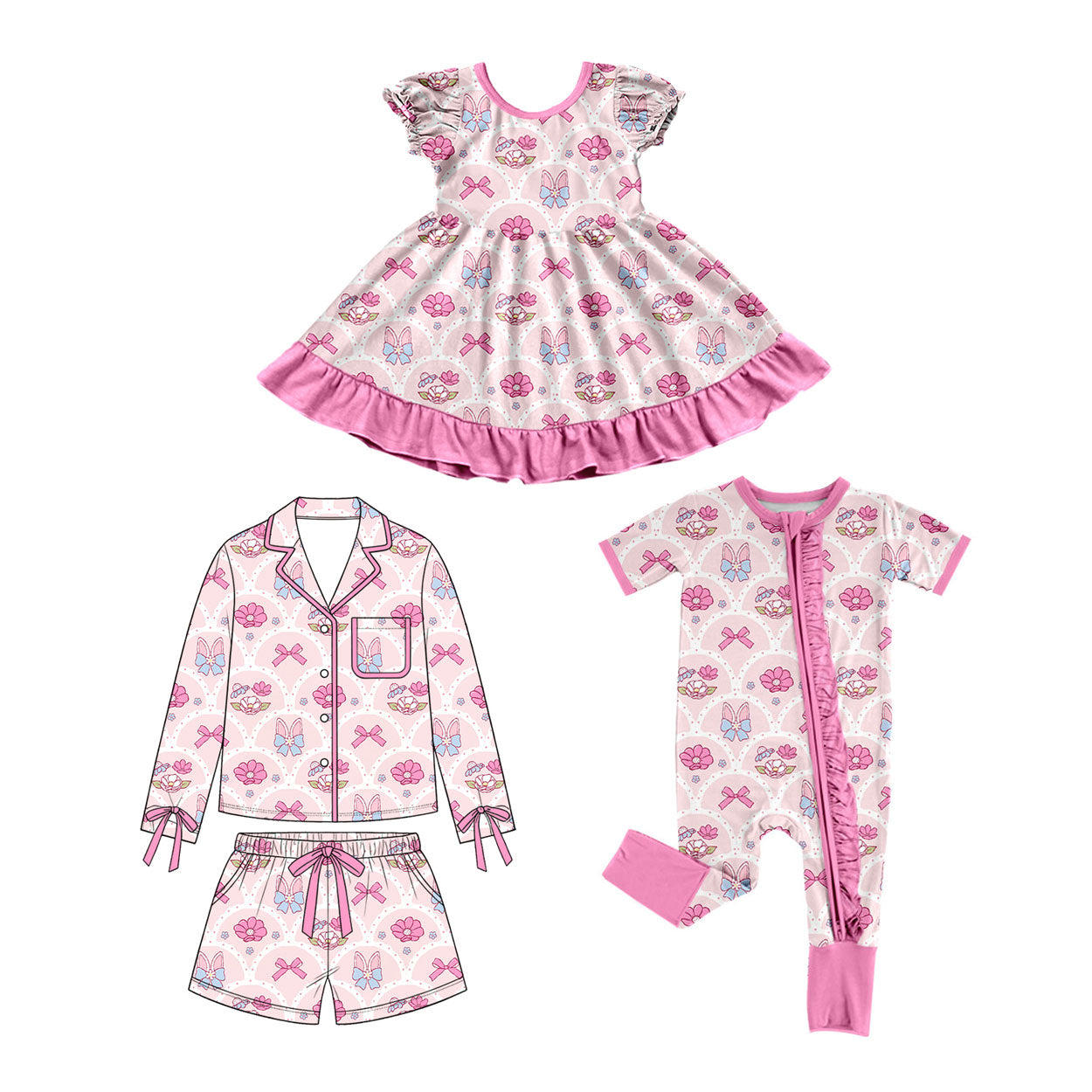 (Preorder new) No moq Baby Girls Pink Bunny Bow Flower Print Clothing Ruffle Hem Dress Button Down Pajama Set And Two Way Zip Romper Sleepwear Outfit Set