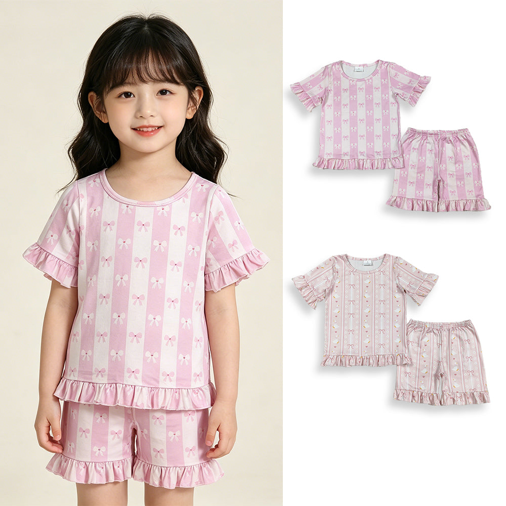 RTS NO MOQ Sibling Baby Girls Bow Goose Stripe Top with Ruffle Shorts Pajamas Clothes Set Cute Infant Outfit Two-Piece Set
