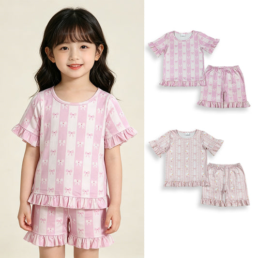 RTS NO MOQ Sibling Baby Girls Bow Goose Stripe Top with Ruffle Shorts Pajamas Clothes Set Cute Infant Outfit Two-Piece Set