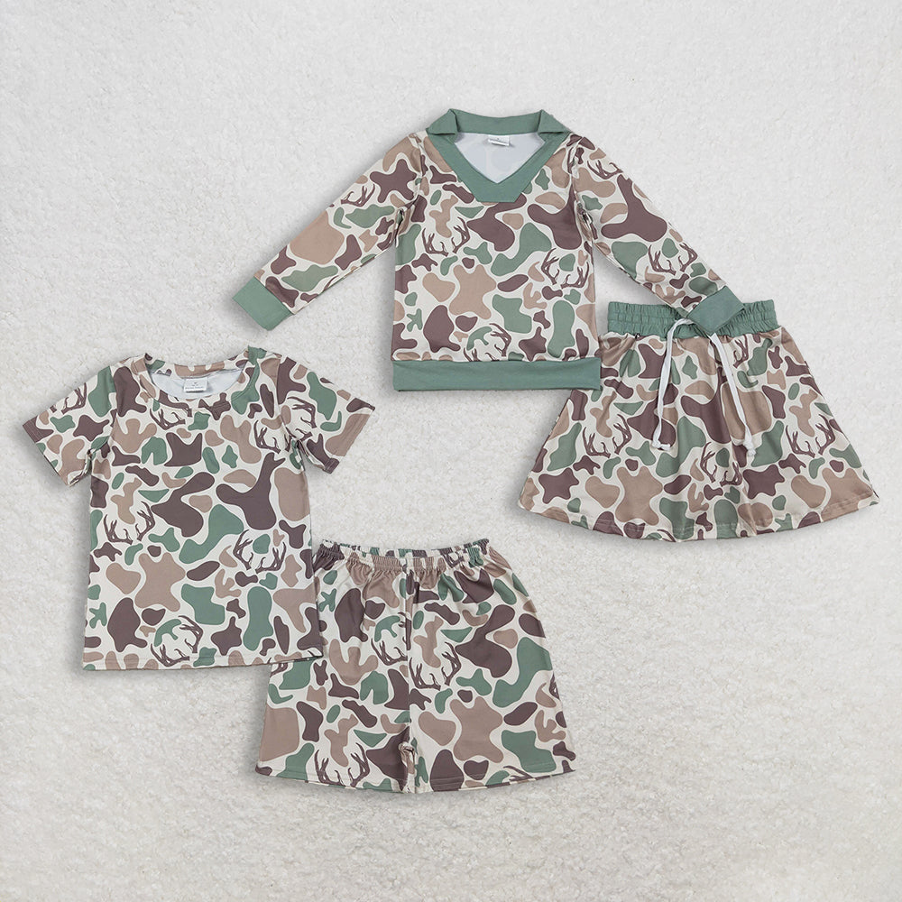 RTS no moq Sibling baby Boys and girls camouflage Short Sleeve Shorts sets and skirts swts
