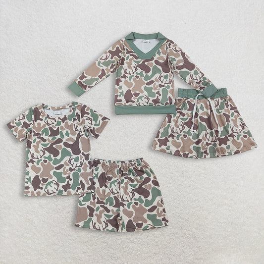 RTS no moq Sibling baby Boys and girls camouflage Short Sleeve Shorts sets and skirts swts
