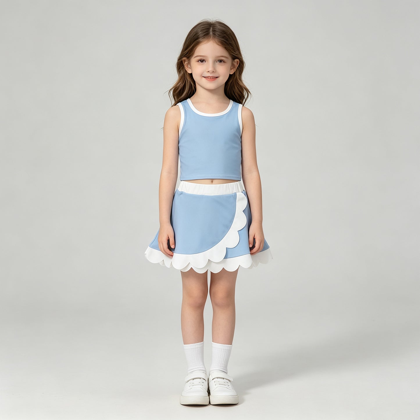NEW RTS NO MOQ yoga fabric cotton GSD4084 Baby Girls Light Blue Scallop Trim Vest Skort Yoga Outfit