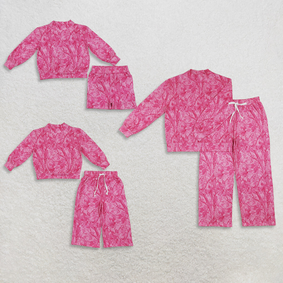 RTS NO MOQ Sibling milk silk Adult To Match Kids High Neck Pink Camo Long Sleeve Sweatshirt Drawstring Pants Outfit
