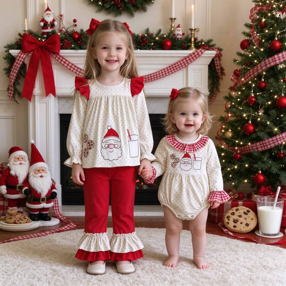 Santa Milk & Cookies Sister Collection - Polka Dot Ruffle Toddler Set & Baby Gingham Romper