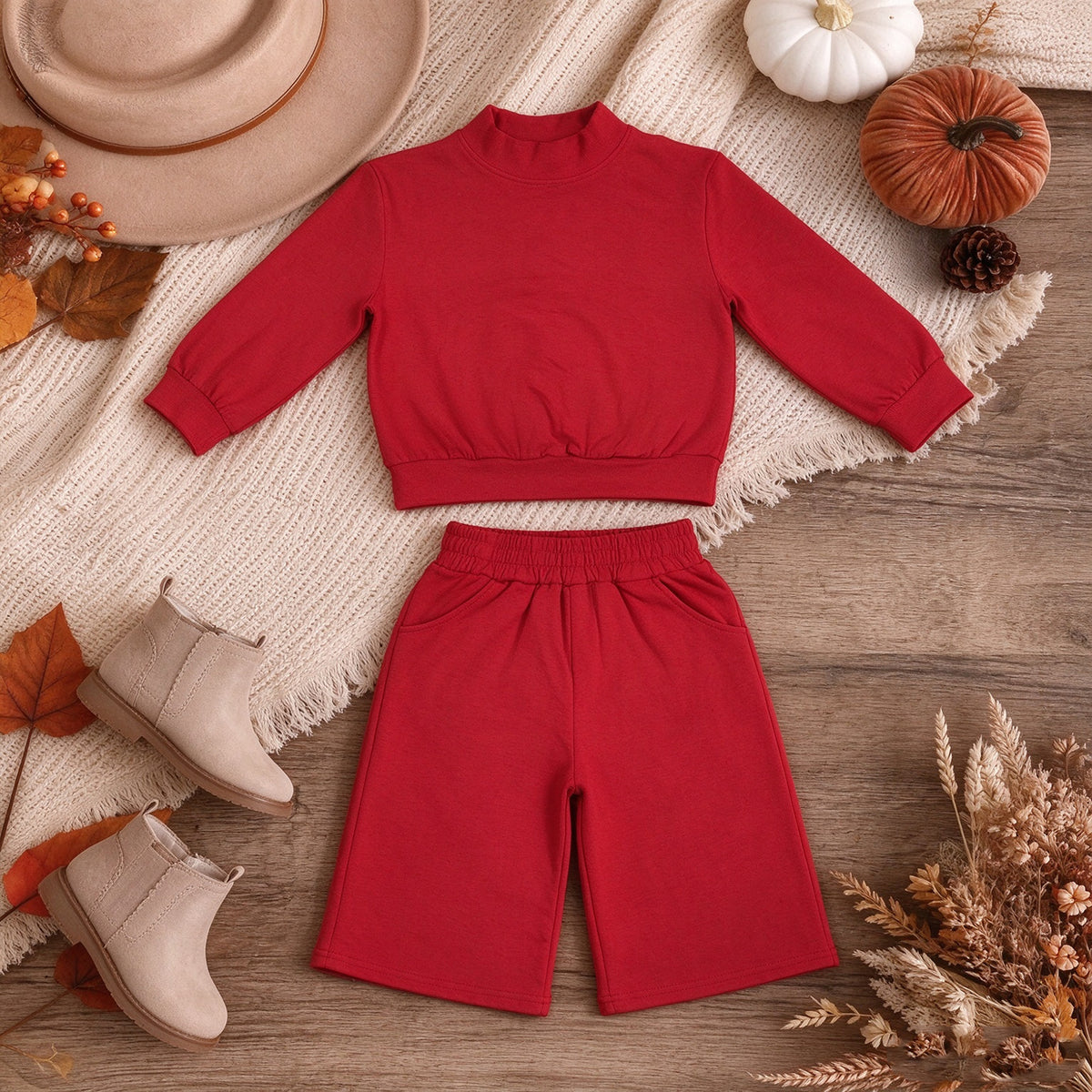 NEW RTS NO MOQ cotton GLP3412 Baby Girls Red Pocket Long Sleeve Top Flare Pants Casual Sleepwear Set