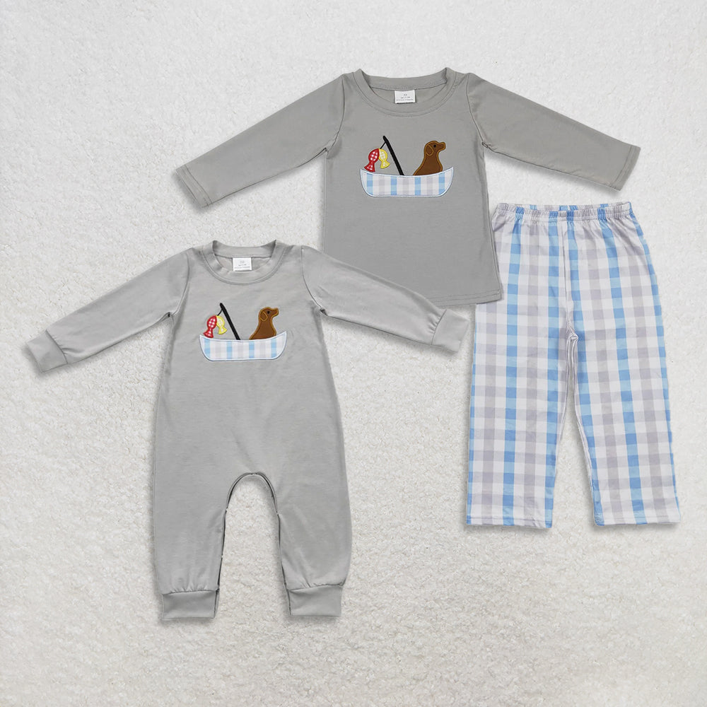 RTS NO MOQ Sibling baby Boys clothes embroidery long-sleeved pants set clothes and rompers