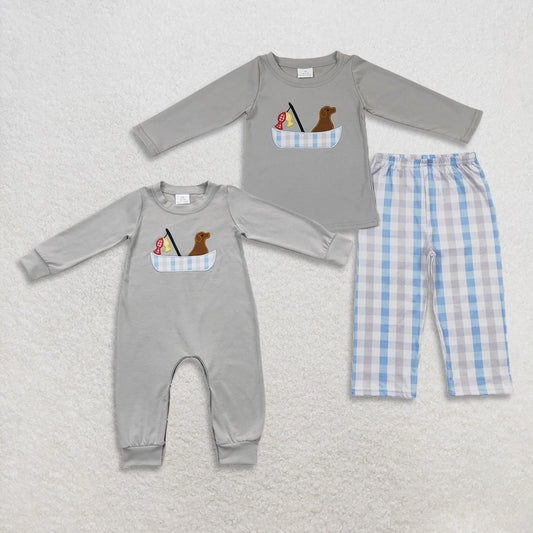 RTS NO MOQ Sibling baby Boys clothes embroidery long-sleeved pants set clothes and rompers