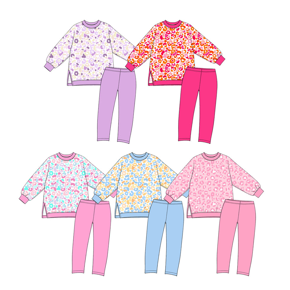 (Preorder new) No moq yoga fabric Baby Girls Leopard Print Crew Neck Long Sleeve Side Slit Pullover Yoga Top
