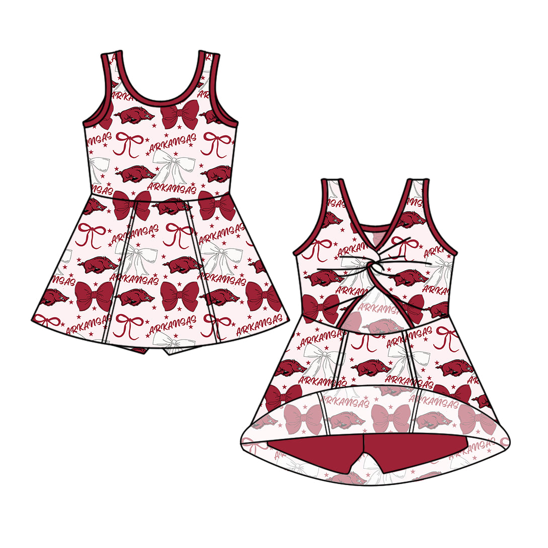 Custom moq 5 mix sizes summer teams baby girls clothes team baseball bow brick red sleeveless skirt shorts dress-25.6.14