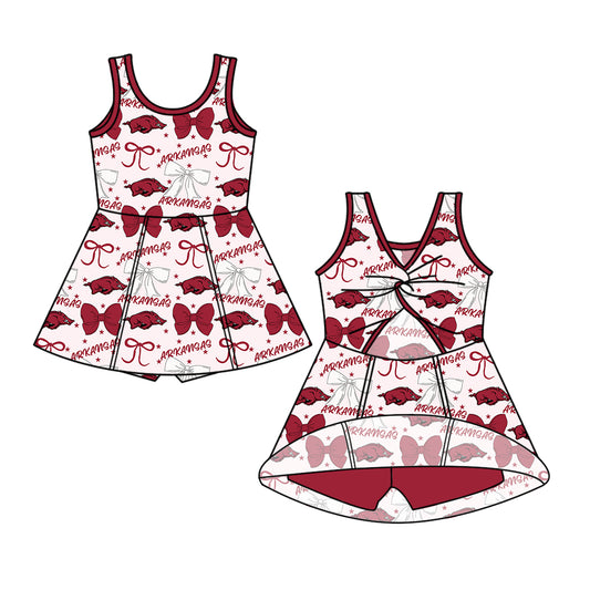 Custom moq 5 mix sizes summer teams baby girls clothes team baseball bow brick red sleeveless skirt shorts dress-25.6.14