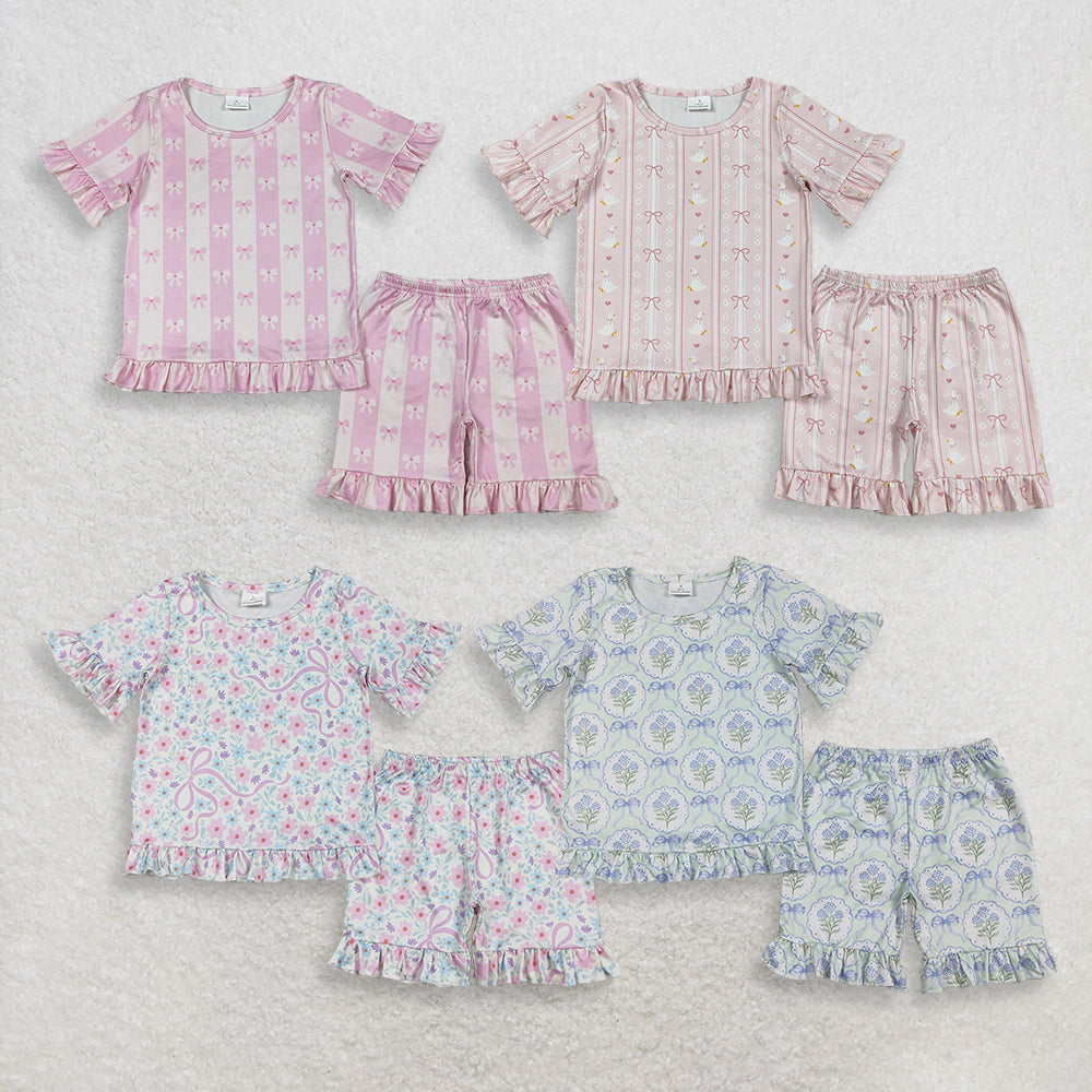 RTS NO MOQ Sibling Baby Girls Lovely Floral Bow Short Sleeve Pajama Shorts Set
