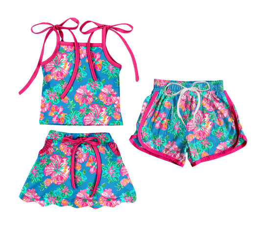 3.20 Custom moq 5 mix size Sibling Baby Girl's Flowers Strap Top And Skirt Set with Matching Drawstring Shorts Outfit