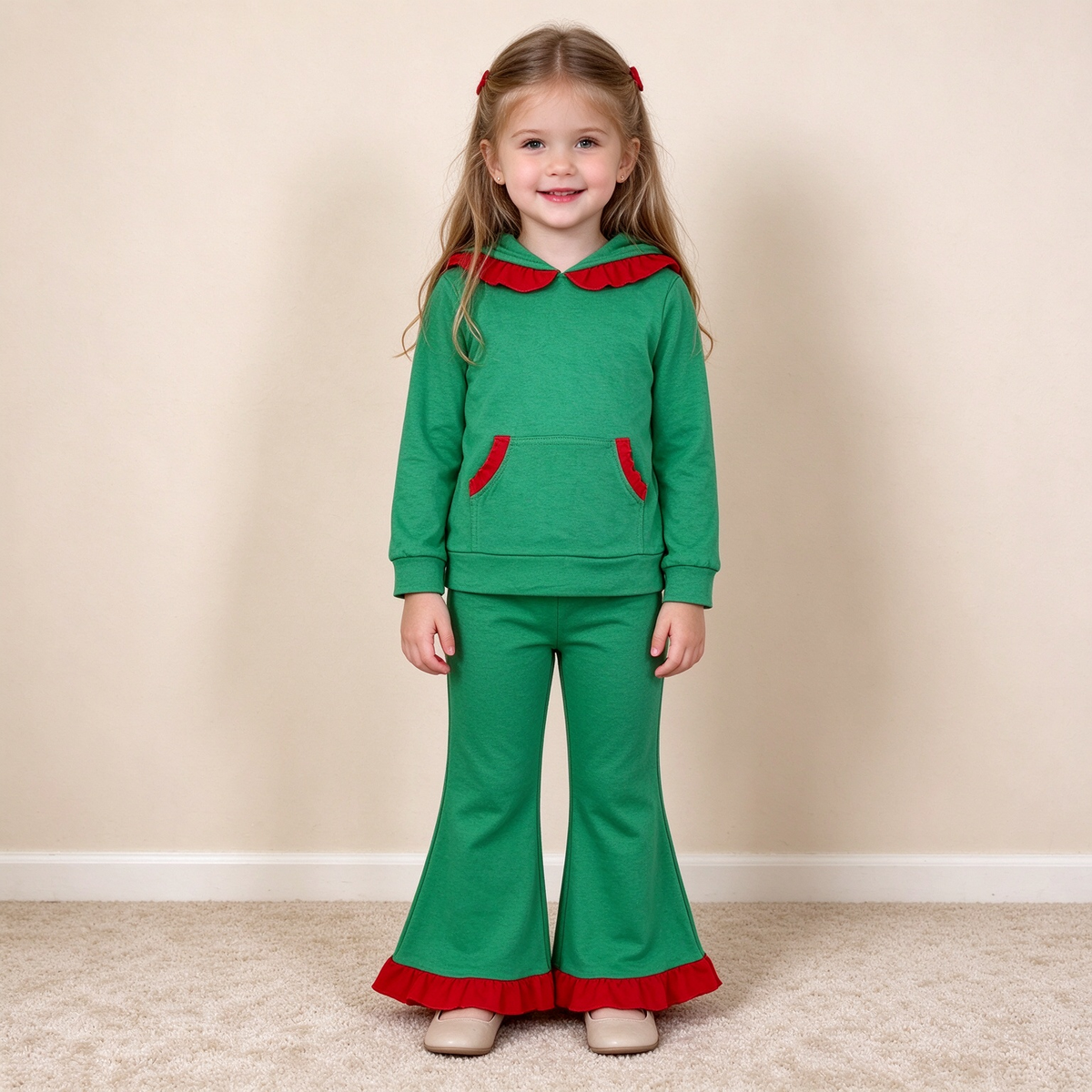 NEW RTS NO MOQ cotton GLP3752 Baby Girls Pocket Ruffle Hoodie Bell Bottom Pant Christmas Holiday Clothes Set