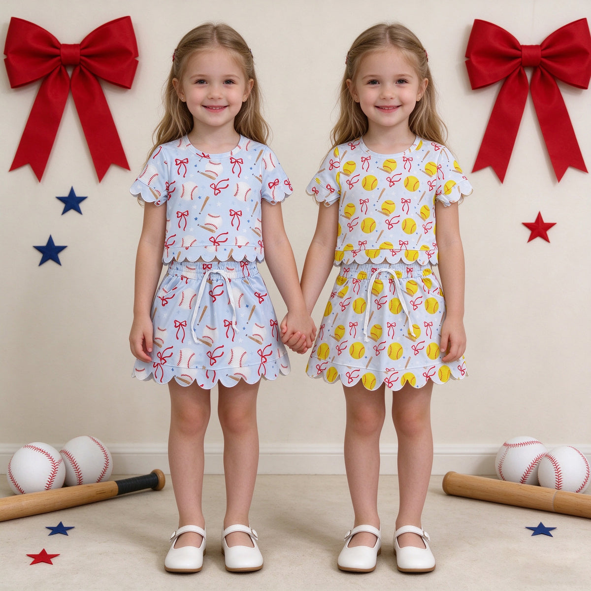 Baby Girls Baseball Bows Set - Light Blue Scallop Top & Skirt
