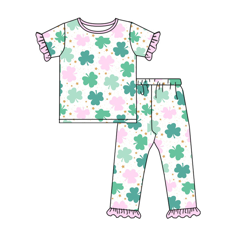 10.12 custom each style moq 5eta 4-6week Sibling Sister Four Leaf Clover green baby girl sets and dress and rompers match family design