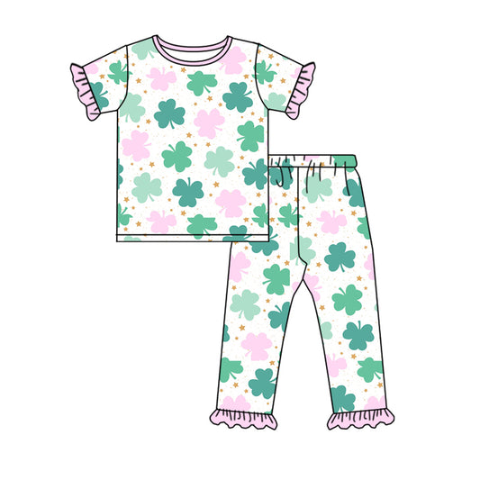 10.12 custom each style moq 5eta 4-6week Sibling Sister Four Leaf Clover green baby girl sets and dress and rompers match family design