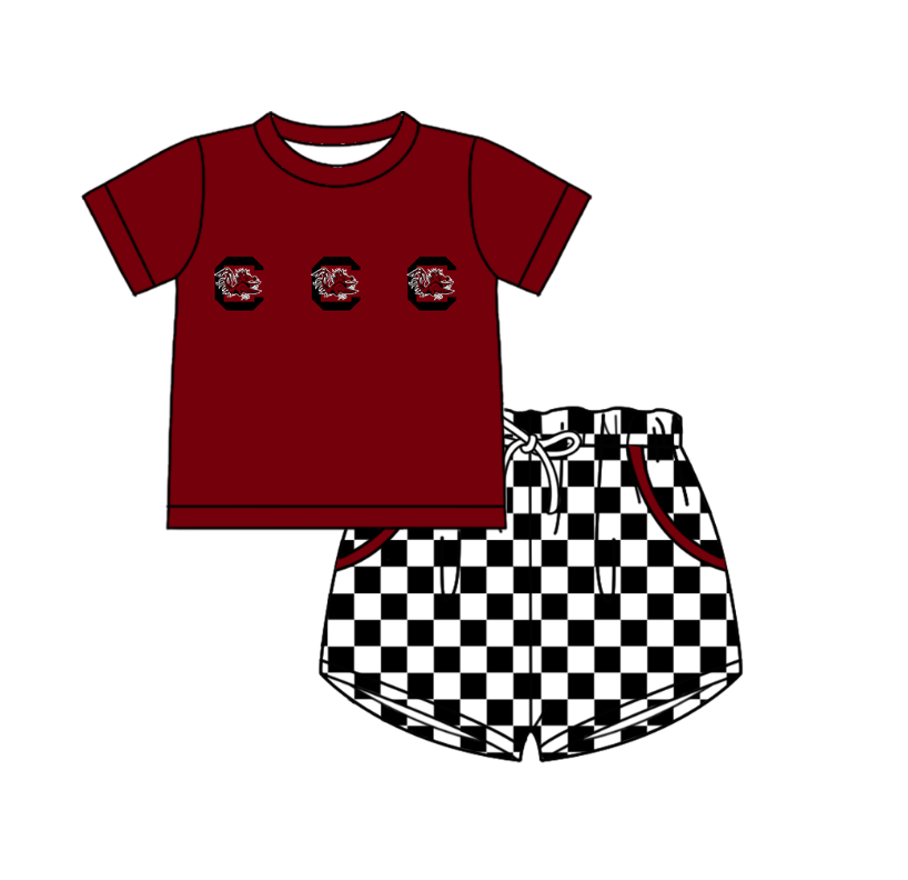 Custom moq 5 mix size milk silk summer teams Boy's Short Sleeved Dark Red Top Plaid Shorts Set Girl's Short-Sleeved Set with Matching Swimsuits Adult Shorts