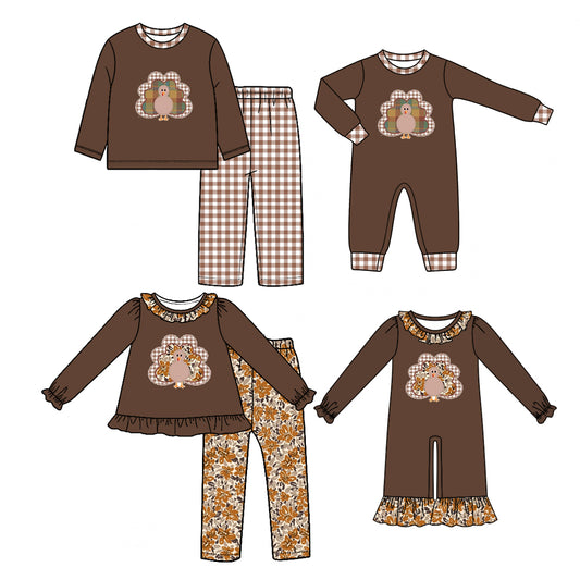 (Preorder new) No moq Baby Girls Boys Brown Plaid Turkey Long Sleeve Top Pants Set Rompers