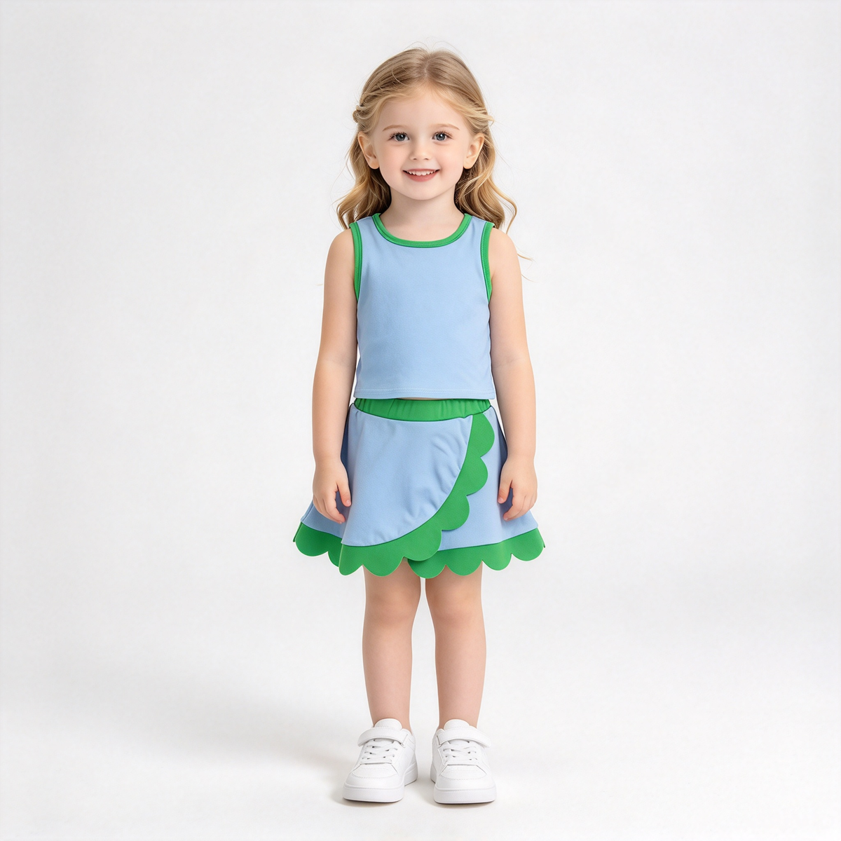 RTS NO MOQ Sibling yoga fabric cotton Baby Girls Sleeveless Tank Top And Scalloped Wrap Skort Yoga Set