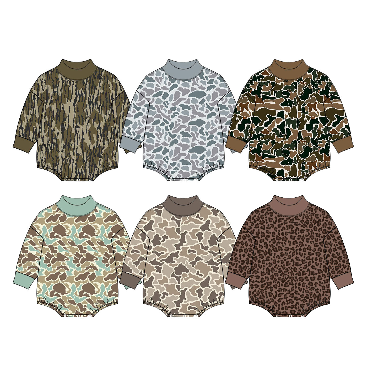 (Preorder new) No moq Baby Boys Camo Turtleneck Long Sleeve Bubble Romper