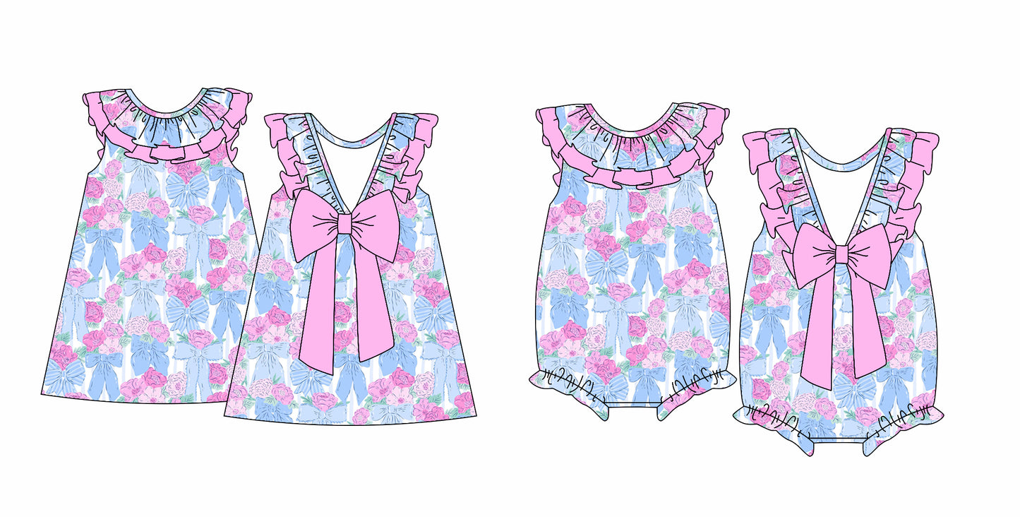 12.14 custom each style moq 5eta 4-6week Sibling Sister floral baby girl short sleeve dress and rompers match family design