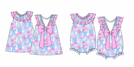 12.14 custom each style moq 5eta 4-6week Sibling Sister floral baby girl short sleeve dress and rompers match family design