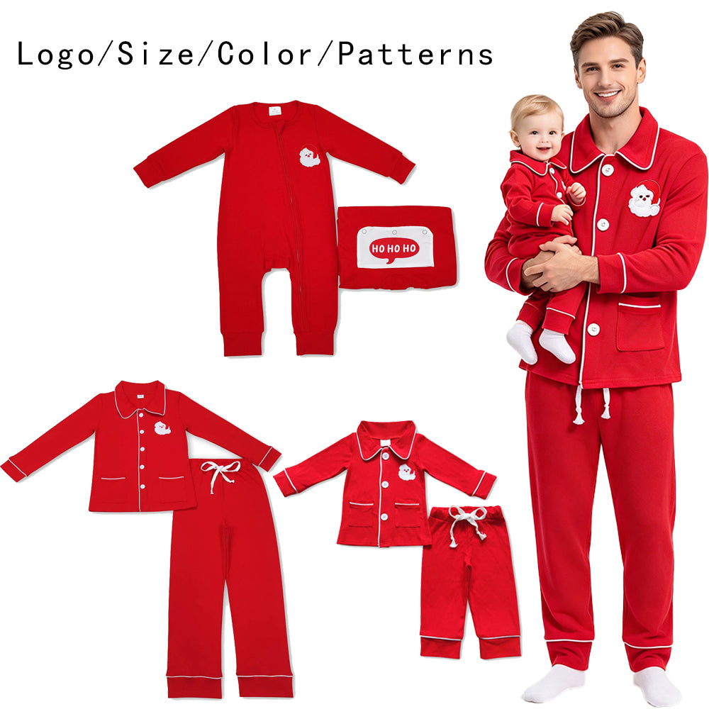 RTS NO MOQ Sibling milk silk Adult And Kids Red Christmas Pajama Set Zipper Romper Collared Button Sleepwear With Santa Embroidery