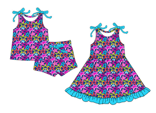 4.2 custom each style moq 5eta 4-6week Sibling Sister stars baby girl short sleeve shorts sets and dresses match design