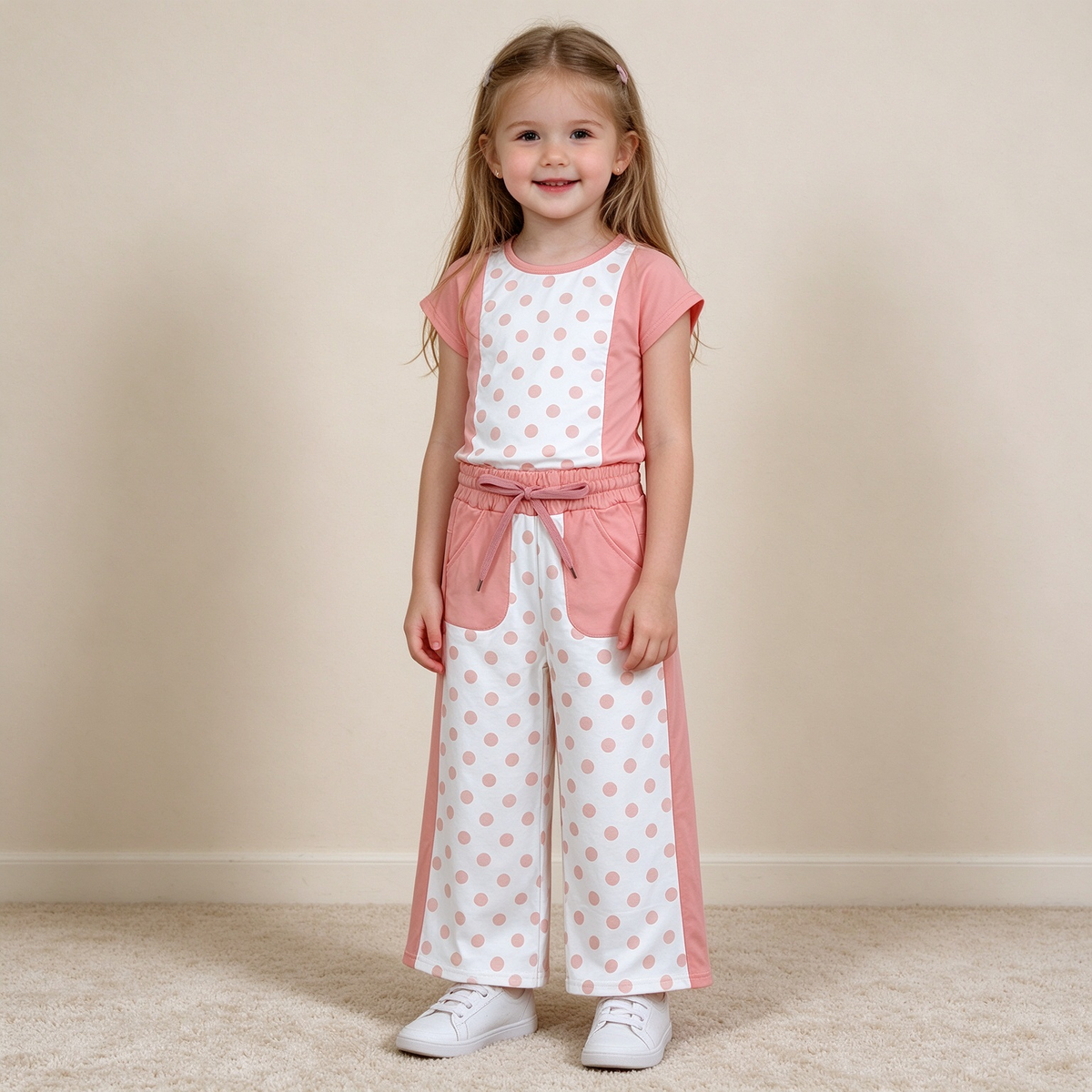 NEW RTS NO MOQ yoga fabric GSPO2333 Baby Girls Peach Polka Dots Top Pockets Flare Pant Clothes Sets