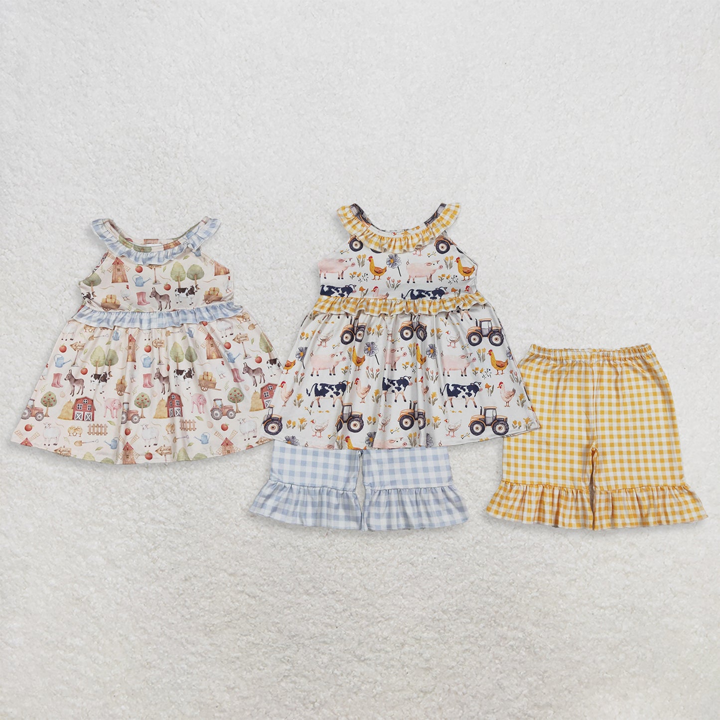 RTS NO MOQ Sibling Baby Girls Pigs Cows Farm Tunic Ruffle Checked Shorts Two Piece Set