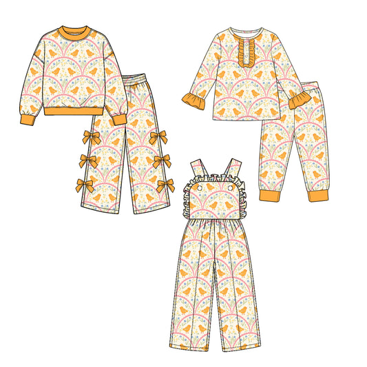 (Preorder new) No moq Baby Girls Easter Chick Rainbow Print Long Sleeve Top Pants Jumpsuit Outfit Set