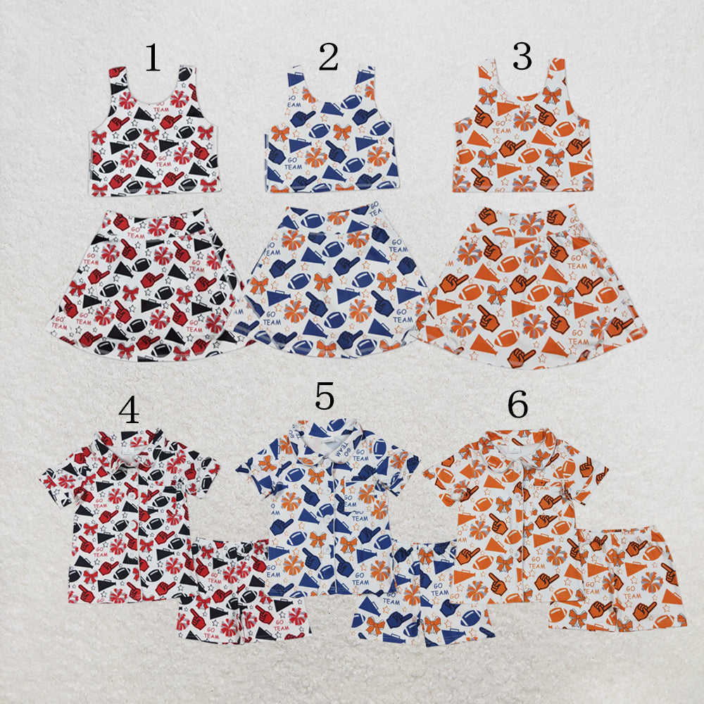 RTS NO MOQ Sibling yoga fabric Team Football Cheer Bows Vest Top Short Skirts Yoga Sets Button Top Set