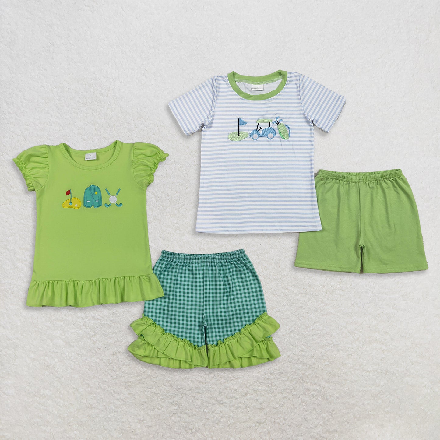 RTS NO MOQ Sibling Baby Girls Boys Blue Stripe Golf Short Sleeve Top Green Shorts Sets