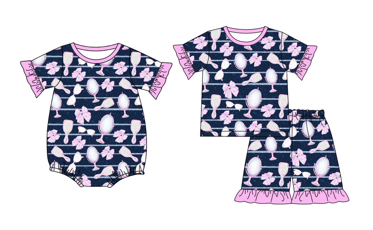 Custom moq 5 mix size Sibling Pink Short-Sleeved Baby Girl Pajama Set with Top And Shorts Romper for Little Ones