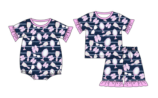 Custom moq 5 mix size Sibling Pink Short-Sleeved Baby Girl Pajama Set with Top And Shorts Romper for Little Ones