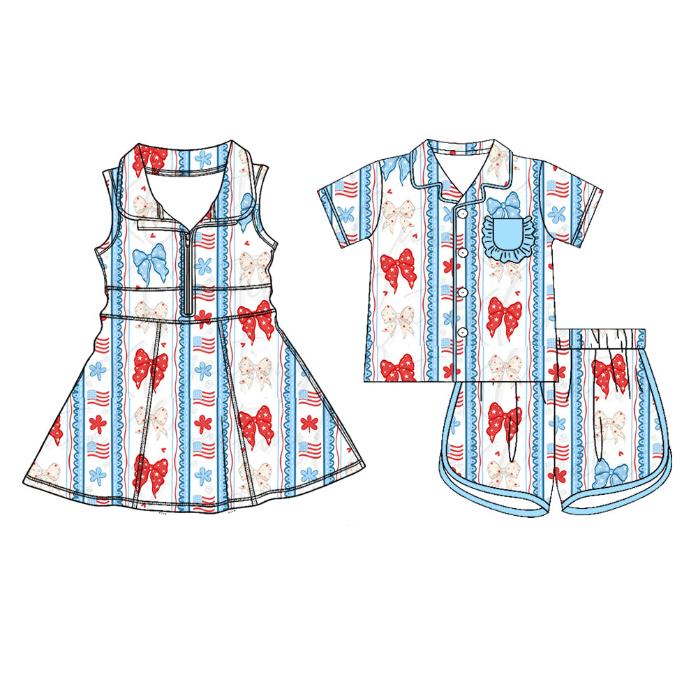 26.1.22 custom each style moq 5 eta 6-8week Sibling Sister flag bow baby short sleeve shorts sets and dress match design